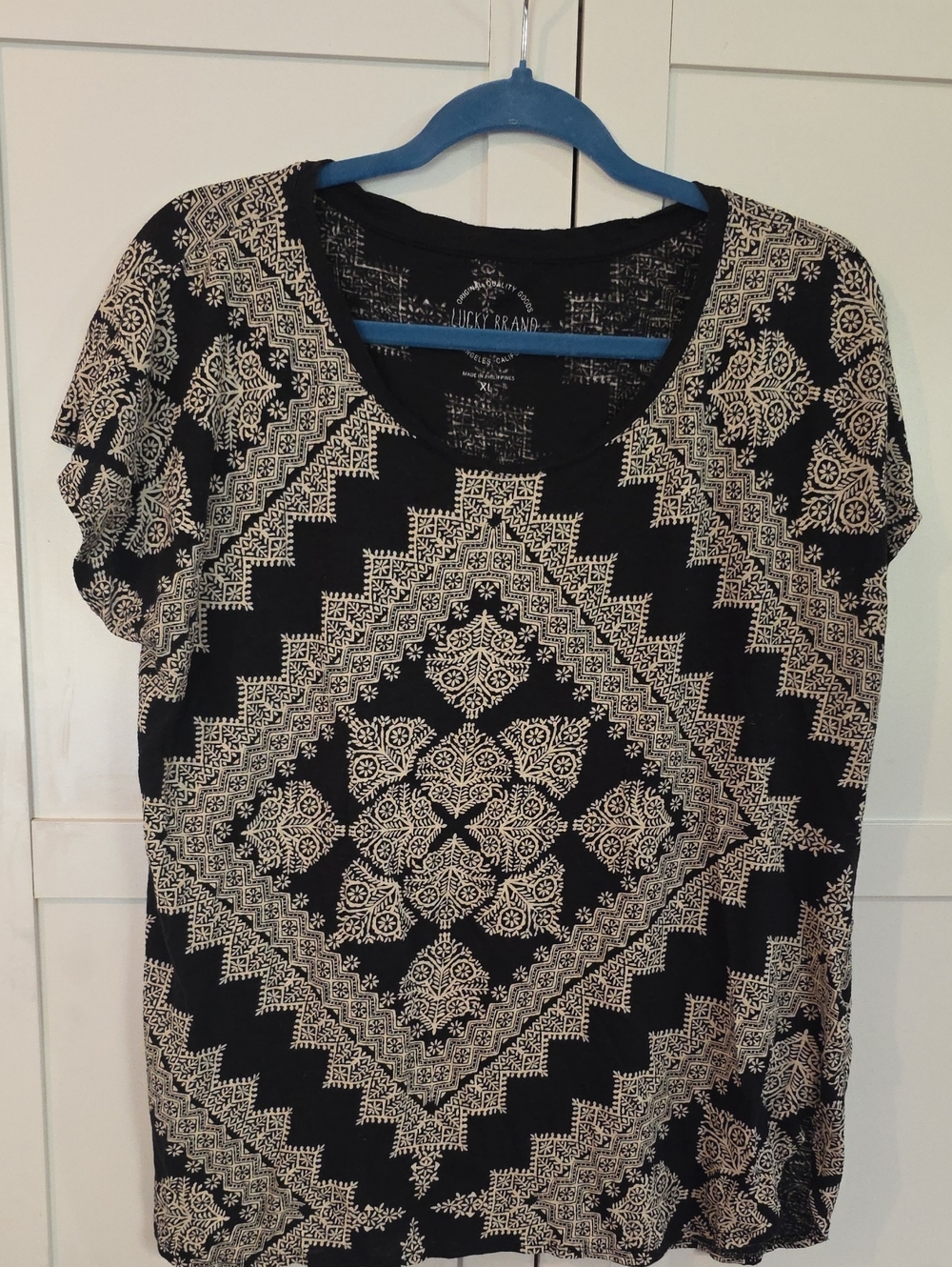 Lucky Brand Black & Cream Patterned Short-Sleeve Top